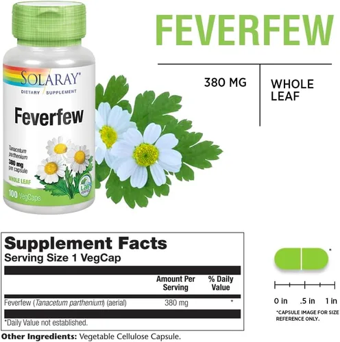Miniatura 2 de SOLARAY Hoja de matricaria de 380 mg Circulación saludable, tono de vasos sanguíneos, apoyo cómodo, sin OMG y vegano, 100 cápsulas vegetales