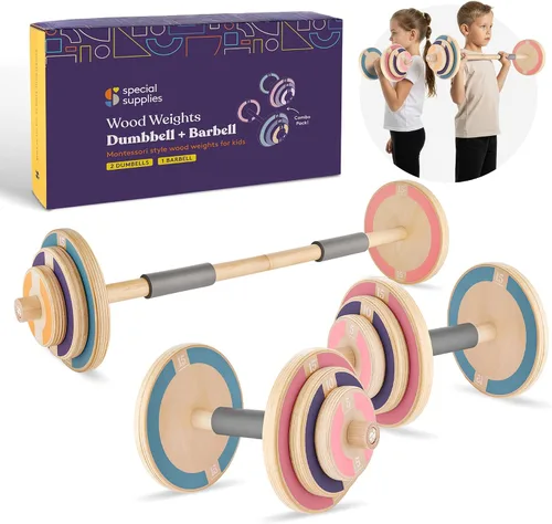 Special Supplies Juego de pesas de madera para niños, juego de mancuernas ajustables y mancuernas para equipo de gimnasio en casa, juego de