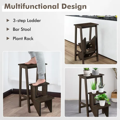Miniatura 4 de Taburete plegable de madera de 3 escalones, escalera antideslizante portátil, escalera plegable de madera, estante de flores multifuncional y silla