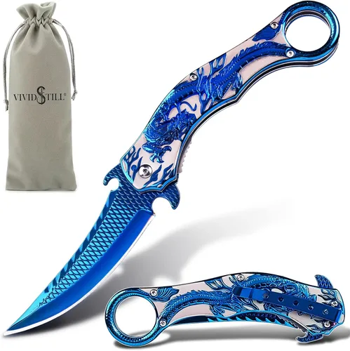 Vividstill Cuchillo de bolsillo para hombres, cuchillo plegable genial con relieve de dragón azul en 3D, gran regalo de cuchillo EDC para hombres