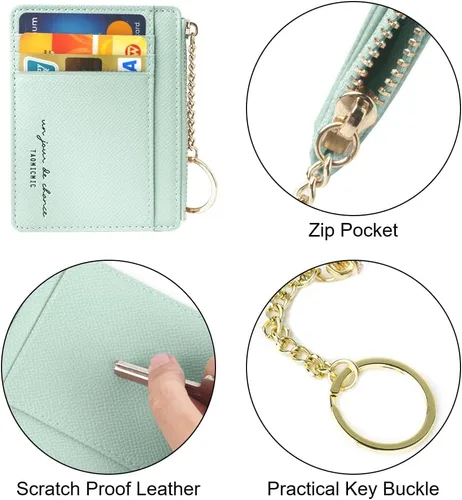 Miniatura 21 de URAQT Cartera para tarjetas de crédito, cartera minimalista de cuero delgado con cremallera, mini protector de tarjeta de crédito, llavero bolsillo