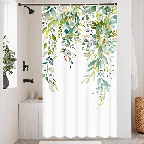 Miniatura 11 de Cortina de ducha extra larga de eucalipto gris y blanco de 84 pulgadas, cortinas de ducha de hojas florales grises para baño, cortina de baño