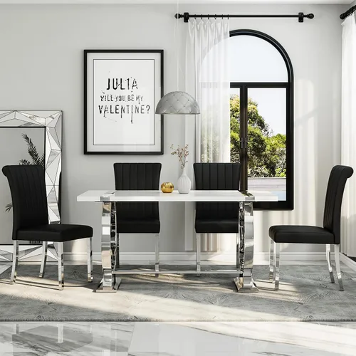 Miniatura 8 de Asday Juego de 2 sillas de comedor negras y plateadas, modernas sillas de comedor tapizadas de piel sintética con respaldo alto y patas cromadas