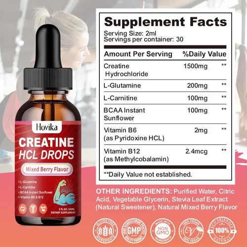Miniatura 7 de Gotas líquidas de creatina HCL para hombres y mujeres, clorhidrato de creatina con L-carnitina, L-glutamina, BCAA, vitamina B12 y B6