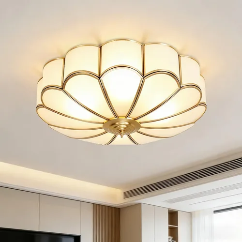Miniatura 13 de Lámpara de techo empotrada de latón de mediados de siglo, lámpara de techo LED de latón y vidrio de 6 luces, pantalla de vidrio esmerilado, luz Flor