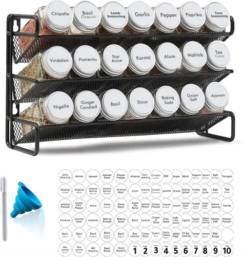 SpaceAid Organizador de Especieros con 21 Frascos de Especias, 386 Etiquetas de Especias, Marcador de Tiza y Juego de Embudo para Gabinete, Blanco