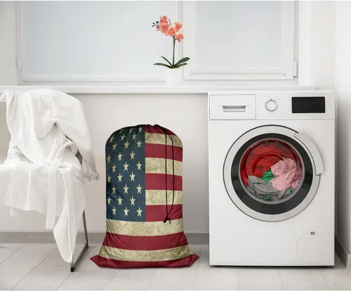 Miniatura 5 de Swono Grunge - Bolsa grande de ropa sucia para ropa sucia para cesta de lavandería, diseño de rayas patrióticas, estrellas envejecidas, lavable a