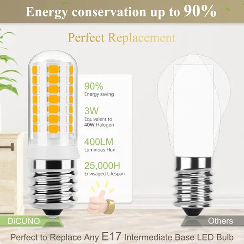 Miniatura 3 de DiCUNO Bombilla LED E17 para debajo del horno de microondas, 2700 K blanco cálido, 3 W (reemplazo halógeno de 40 W) 400 lm 120 V E17 bombilla