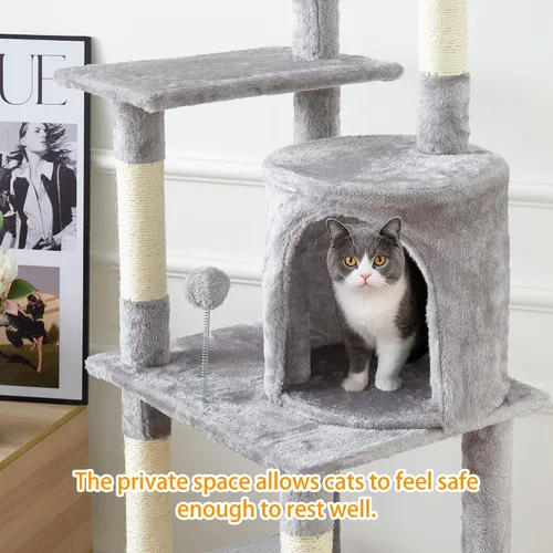 Miniatura 6 de Árbol grande para gatos, torre para gatos de varios niveles de 65 pulgadas de alto con postes rascadores cubiertos de sisal, condominio, hamaca