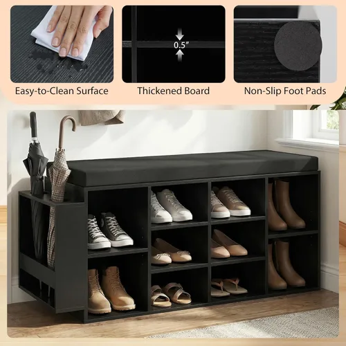 Miniatura 8 de Tangkula Banco de almacenamiento de zapatos con soporte para paraguas, organizador de zapatos de 40 pulgadas con asiento acolchado, 10 cubos y Negro