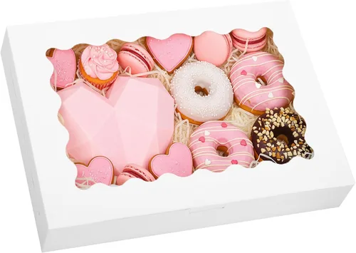 Miniatura 8 de Moretoes 40 piezas Cajas para galletas, 14 x 10 x 2.5 pulgadas Cajas de panadería autodesplegables con ventana, para donas, pasteles, magdalenas