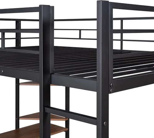 Miniatura 4 de Harper & Bright Designs Cama tipo loft individual con escritorio y rejilla de metal, marco de cama de metal con barandillas de longitud completa