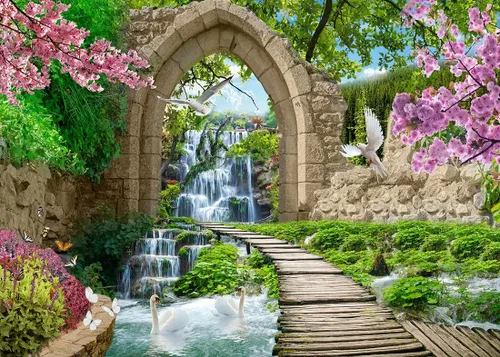 Miniatura 5 de BELECO Telón de fondo romántico de jardín de primavera de 5 x 3 pies, arco de piedra, cascada de montaña, flores de cerezo, paloma, árboles verdes