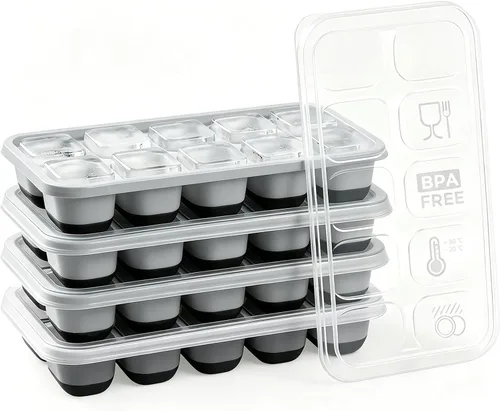 Bandeja de silicona para cubitos de hielo, paquete de 4 bandejas de 14 cubitos de hielo flexibles y de fácil liberación con tapa extraíble