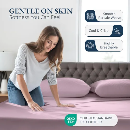 Miniatura 3 de LANE LINEN Juego de 2 piezas con sábana bajera de 100% algodón orgánico tamaño individual y 1 funda de almohada, tejido de percal ligero, suave