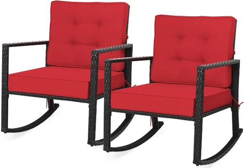 Miniatura 12 de DORTALA Silla mecedora de ratán, 2 piezas, silla de mimbre para exteriores con marco de acero resistente, asiento de muebles de mimbre para patio