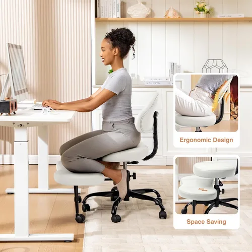 Miniatura 3 de AtHope Silla de oficina con patas cruzadas, silla de escritorio entrecruzada, asiento de yoga para meditación para TDAH con altura ajustable, Blanco