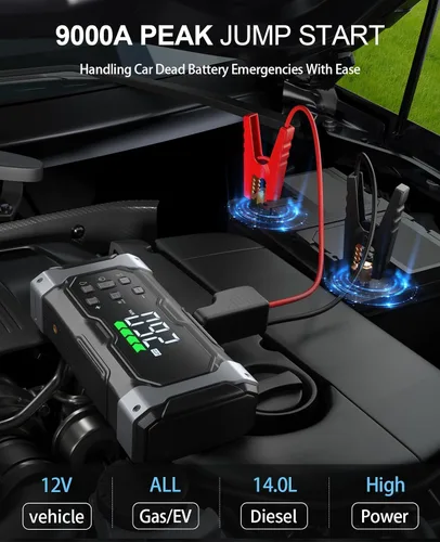 Miniatura 2 de Arrancador integral de 9000 A con compresor de aire/desinflador de 150 PSI, amplificador portátil de 12 V para automóvil