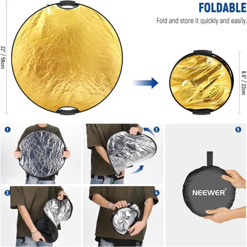 Miniatura 7 de NEEWER Reflector de luz 5 en 1 de 22"/56cm con abrazadera y agarres de mano, difusor de fotografía de discos múltiples de poliéster