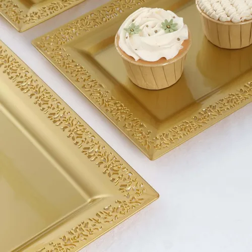 Miniatura 2 de Efavormart - Paquete de 4 bandejas rectangulares de plástico con estampado de encaje dorado de 14 pulgadas, bandejas decorativas para mesa de café