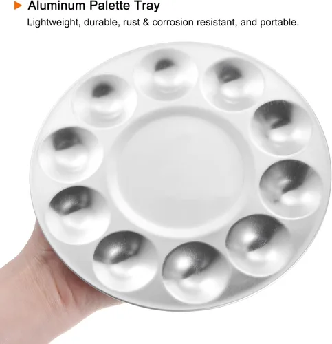 Miniatura 4 de HARFINGTON Paleta de pintura redonda de aluminio, 2 unidades, 10 pozos, plata, 6.7 x 3.35 pulgadas, bandeja de paleta de pintura para acrílico