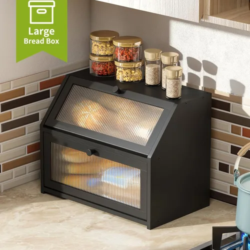 Miniatura 4 de BMOSU Panera grande de doble capa para encimera de cocina, almacenamiento de madera de bambú (negro)