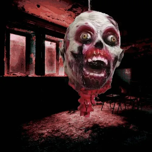 Miniatura 3 de RiceelSor Decoración colgante de cabeza dividida para Halloween, diseño de cadáver sangriento, de terror, de tamaño real, con peluca, disfraz