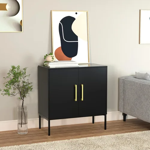 Miniatura 6 de JOZZBY Aparador de buffet con almacenamiento, gabinete de madera moderno con estantes ajustables, gabinetes negros y dorados para sala de estar