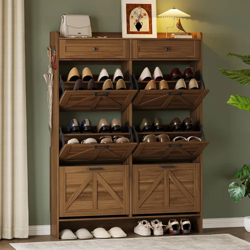Miniatura 26 de BORNOON Gabinete de Almacenamiento de Zapatos para Entrada, Gabinete Estrecho de Zapatos Estilo Granja con 2 Cajones Abatibles y Cajones Superiores