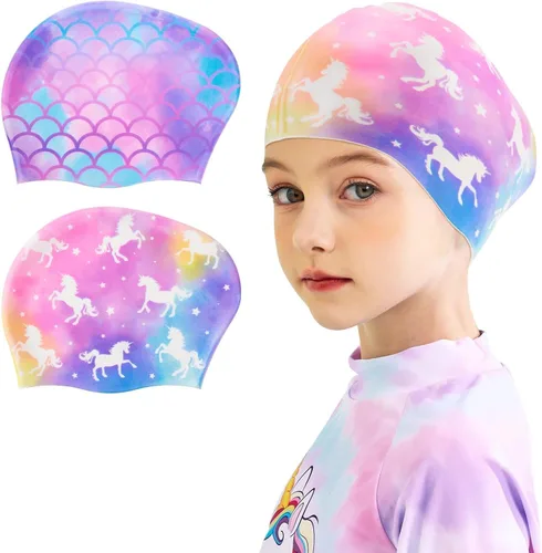 Miniatura 9 de Paquete de 2 gorros de natación impermeables de silicona para niños y niñas (3-8 años), diseño de sirena de unicornio, gorro de natación para niños