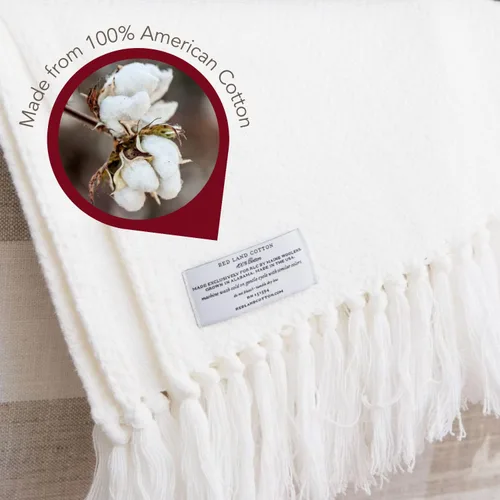 Miniatura 2 de Red Land Cotton Manta de 100% algodón hecha en Estados Unidos Manta suave y transpirable con tejido tipo cesta Fácil de lavar Blanca