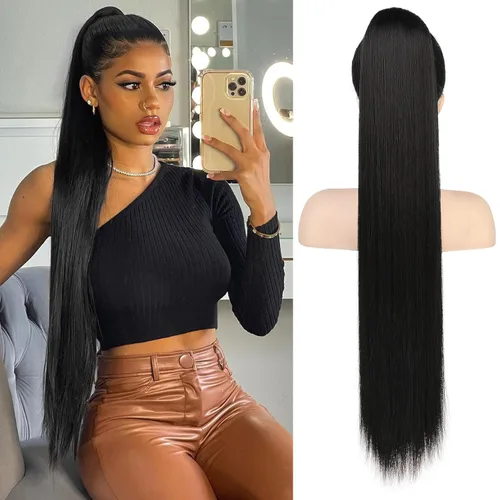 Miniatura 24 de Flufymooz - Extensión de cola de caballo de 26 pulgadas, extensiones de cabello con cordón y clip rectas, cola de caballo falsa natural suave