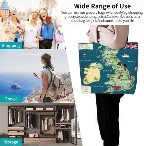 Miniatura 9 de Divertido bolso de mano de dibujos animados del Reino Unido con mapa, grande, casual, para mujer, bolsas de hombro reutilizables para el trabajo