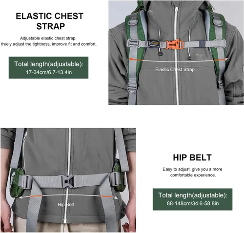 Miniatura 5 de MOUNTAINTOP Mochila de marco interno de 80L para hombre y mujer Mochila de senderismo con cubierta de lluvia Verde oscuro-80l