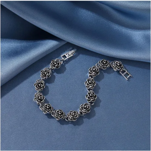 Miniatura 6 de Pulsera de flores de plata vintage para mujer, pulsera de flores de rosa, pulsera gótica de rosas para mujer