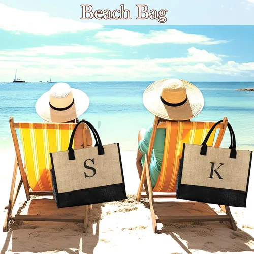 Miniatura 6 de TOPEAST Jute Initial Tote Bag Burlap Beach Bag Personalized Birthday Gifts for Women Teacher Mom Bridal Bridesmaid Gifts