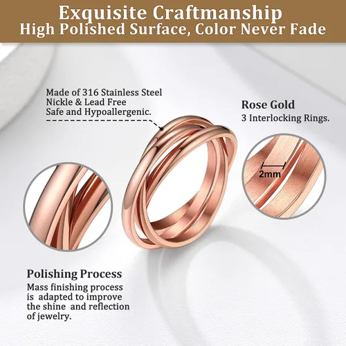 Miniatura 4 de Bestyle Anillos entrelazados para mujeres y niñas, anillos cruzados apilables de acero inoxidable en tono plataorooro rosanegro, anillo de promesa