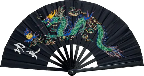 Miniatura 3 de Paquete de 2 abanicos de mano plegables grandes con dragón chino para decoración del hogar, raves, festivales, conciertos, espectáculos - 13 Negro