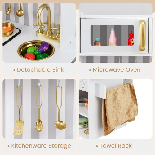 Miniatura 4 de INFANS Juego de cocina para niños, juego de cocina de madera con luz y sonido realistas, estufa, fregadero, microondas, armario de almacenamiento