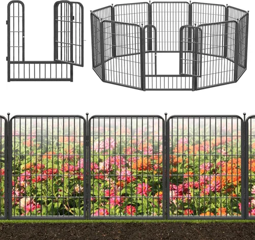 Miniatura 27 de Valla decorativa de metal negro para jardín con puerta, 82 pies de largo, 32 pulgadas de alto, 36 paneles de valla sin excavación, valla de barrera