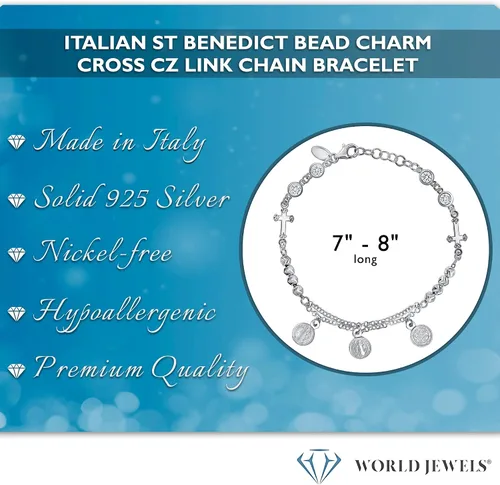 Miniatura 2 de World Jewels Pulsera de plata de ley 925 con dije italiano de San Benito pulseras ajustables para mujeres y adolescentes pulsera de cruz piedras