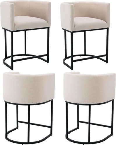 Miniatura 9 de Taburete de bar de lino de 32 pulgadas, taburete moderno de altura de barril con brazo, silla de mostrador tapizada, marco de metal negro para isla
