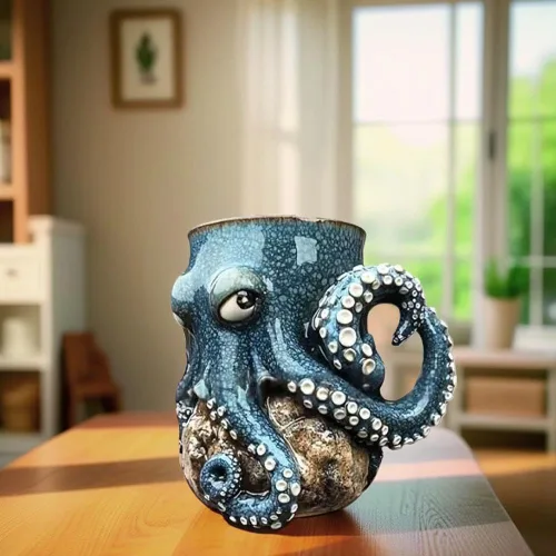 Miniatura 2 de Taza de pulpo de criatura oceánica para decoración del hogar, soporte para bolígrafo de pulpo 3D, único y novedoso con mango de tentáculo, bigote