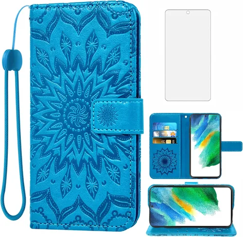 Asuwish Funda de teléfono para Samsung Galaxy S21 FE Gaxaly S 21 FE 5G Cartera con protector de pantalla de vidrio templado Funda delgada de cuero