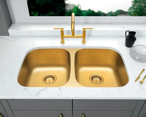 Miniatura 9 de LQS Fregadero de cocina dorado de 32 x 18 pulgadas, fregaderos de cocina empotrados, fregaderos de acero inoxidable de doble tazón 50/50