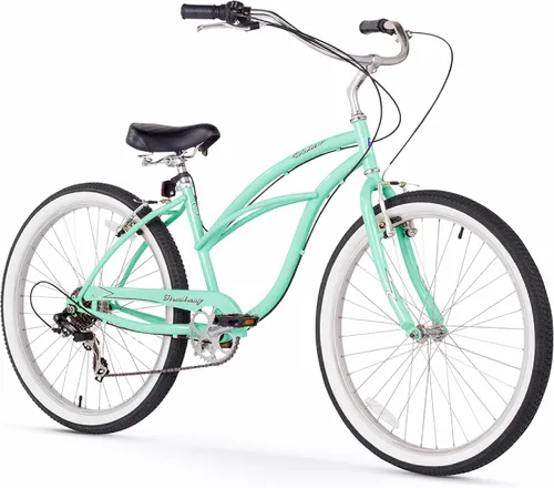 Miniatura 18 de Sixthreezero Urban Lady Beach Cruiser - Bicicleta híbrida de 3 velocidades para mujer Verde militar con llantas rosadas con asiento negro/puños