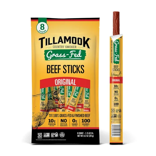 Tillamook Country Smoker Palitos de carne 100% alimentada con pasto, cero azúcar, original, 1.15 onzas, paquete de 8, aperitivos de carne limpia sin