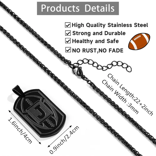 Miniatura 6 de Graduation Gifts - Football Initial Necklace for Men Boys Kids Teen Dog Tag Stainless Steel Black Letter Pendant Sport Football Athletes Jewelry