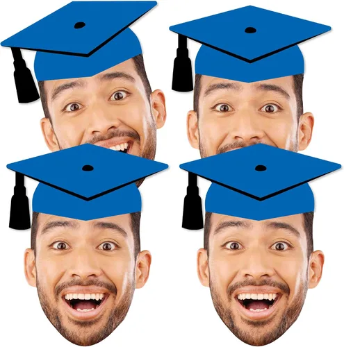 Big Dot of Happiness Gorra de graduación azul con foto personalizada, decoraciones divertidas con recortes de cara, esenciales de decoración de