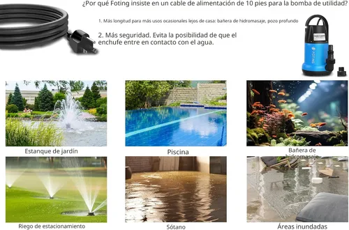 Miniatura 7 de FOTING Bomba de sumidero 1HP Bomba de agua sumergible limpia/sucia, 4600 GPH, bomba de agua termoplástica eléctrica de transferencia portátil